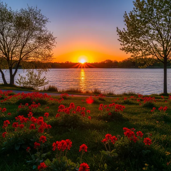 Lake Sunset Golden Hour Wildflowers