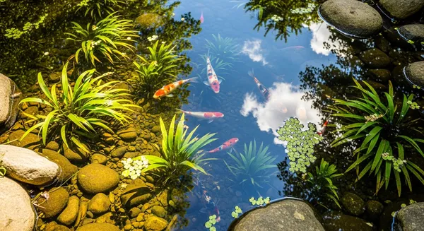Serene Shallow Pool with Koi Fish