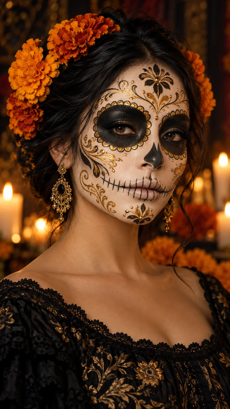 Frau trägt schwarz-goldene Catrina-Gesichtsbemalung mit Ringelblumenblüten und feinen Golddetails.