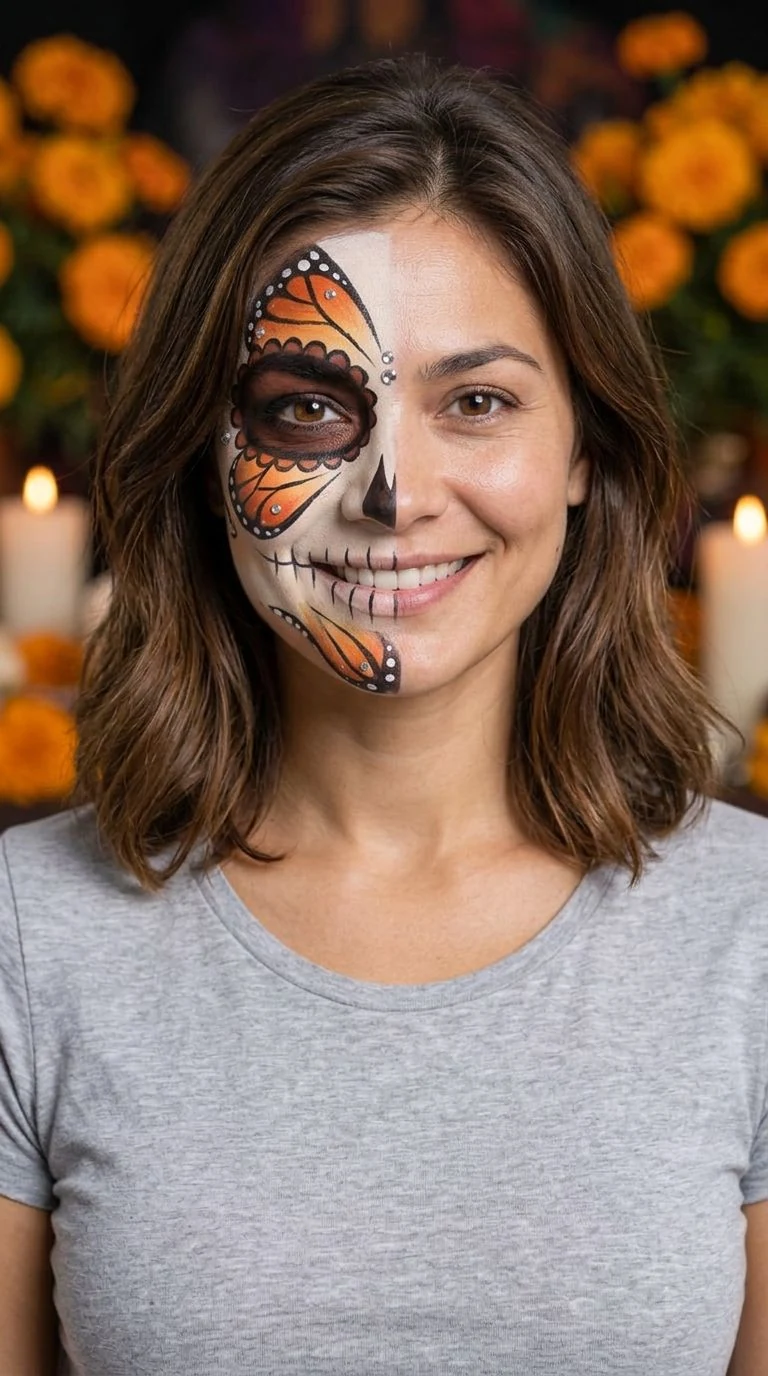 Catrina Makeup AI: Finden Sie Ihre Farbe — Monarchfalter · Halbes Gesicht · 1K