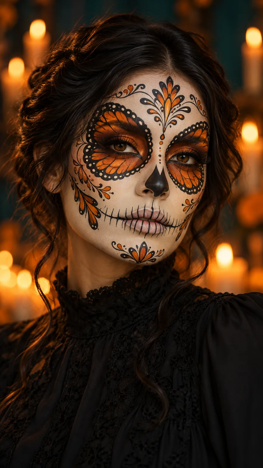 Frau trägt orange-schwarzes, von Monarchfaltern inspiriertes Catrina-Make-up.