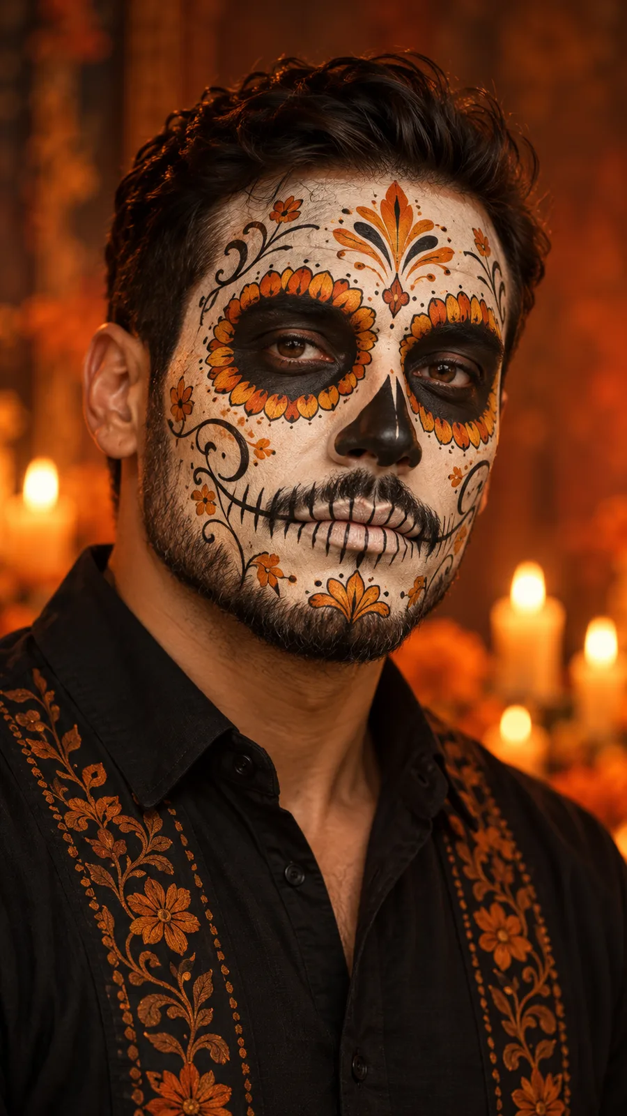 Mann mit ringelgoldener Catrina-Gesichtsbemalung mit floralen Details.