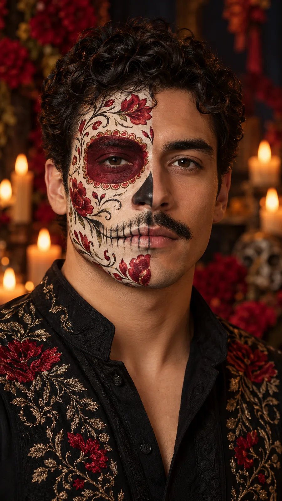 Mann trägt rosarotes Catrina-Make-up auf einer Hälfte seines Gesichts, während die andere Hälfte unbemalt ist.