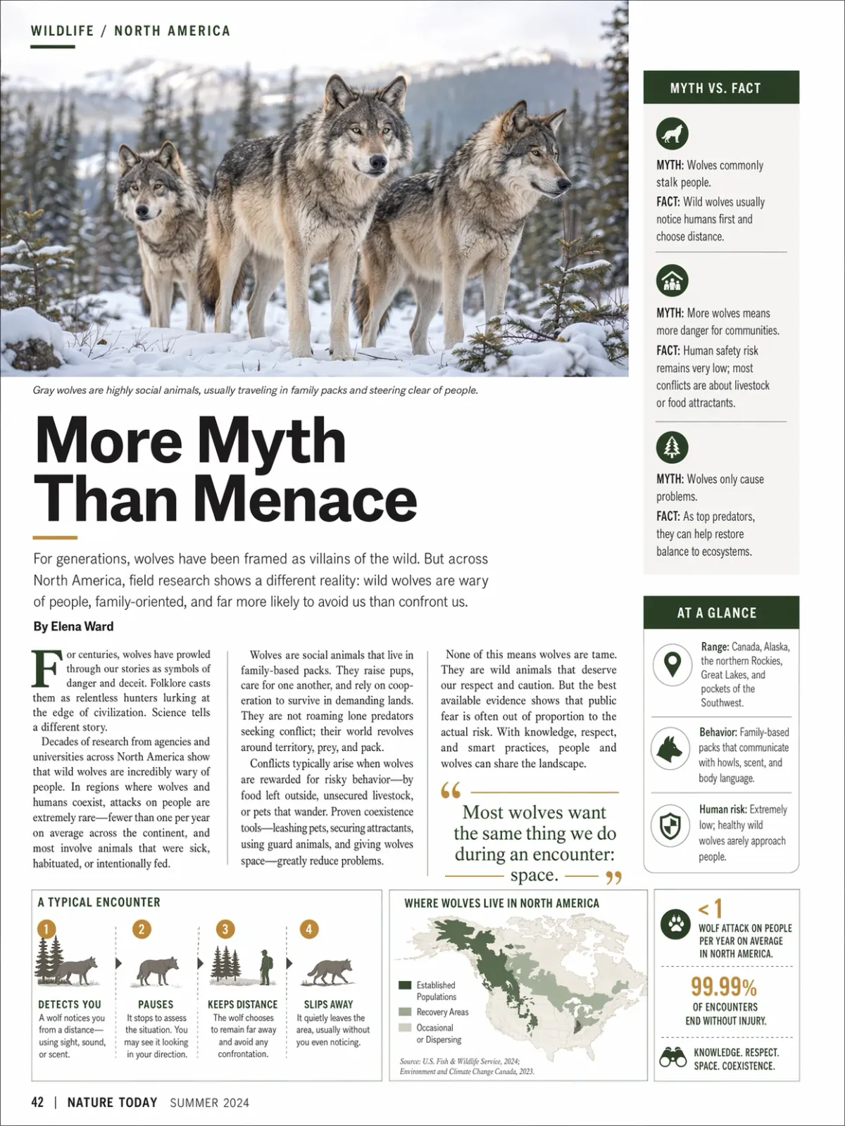 Wildlife magazine spread combining imagery, facts, and structured editorial text