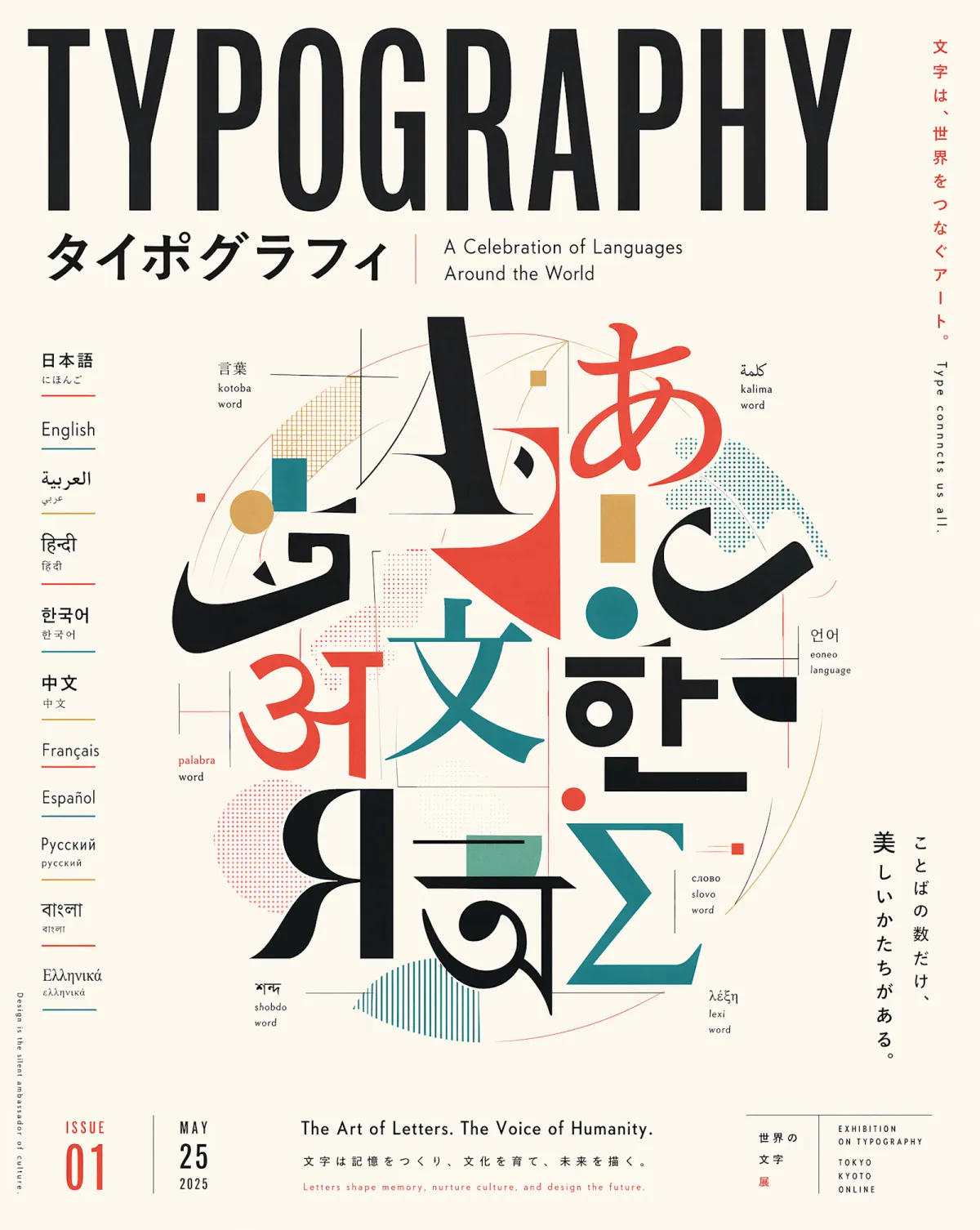 Editorial poster showcasing multilingual typography