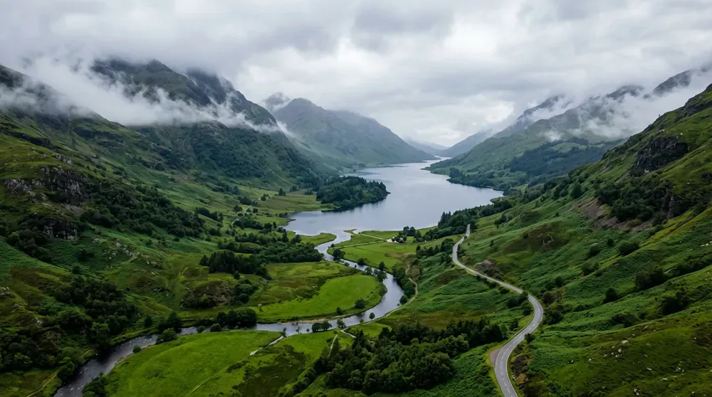 Photoreal panoramic valley with layered mist and natural detail