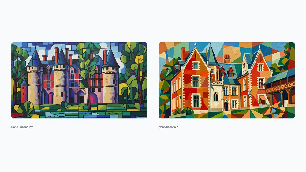 The same architectural subject rendered in two controlled art styles