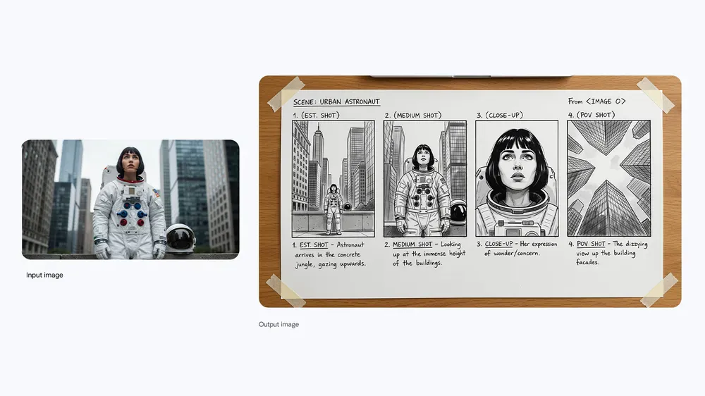 Four-panel urban astronaut storyboard generated from a reference frame