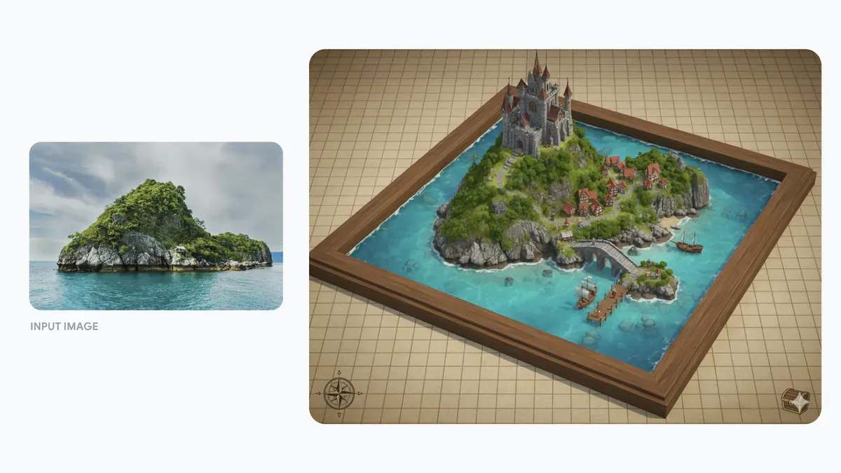 An island photograph transformed into a detailed framed fantasy map